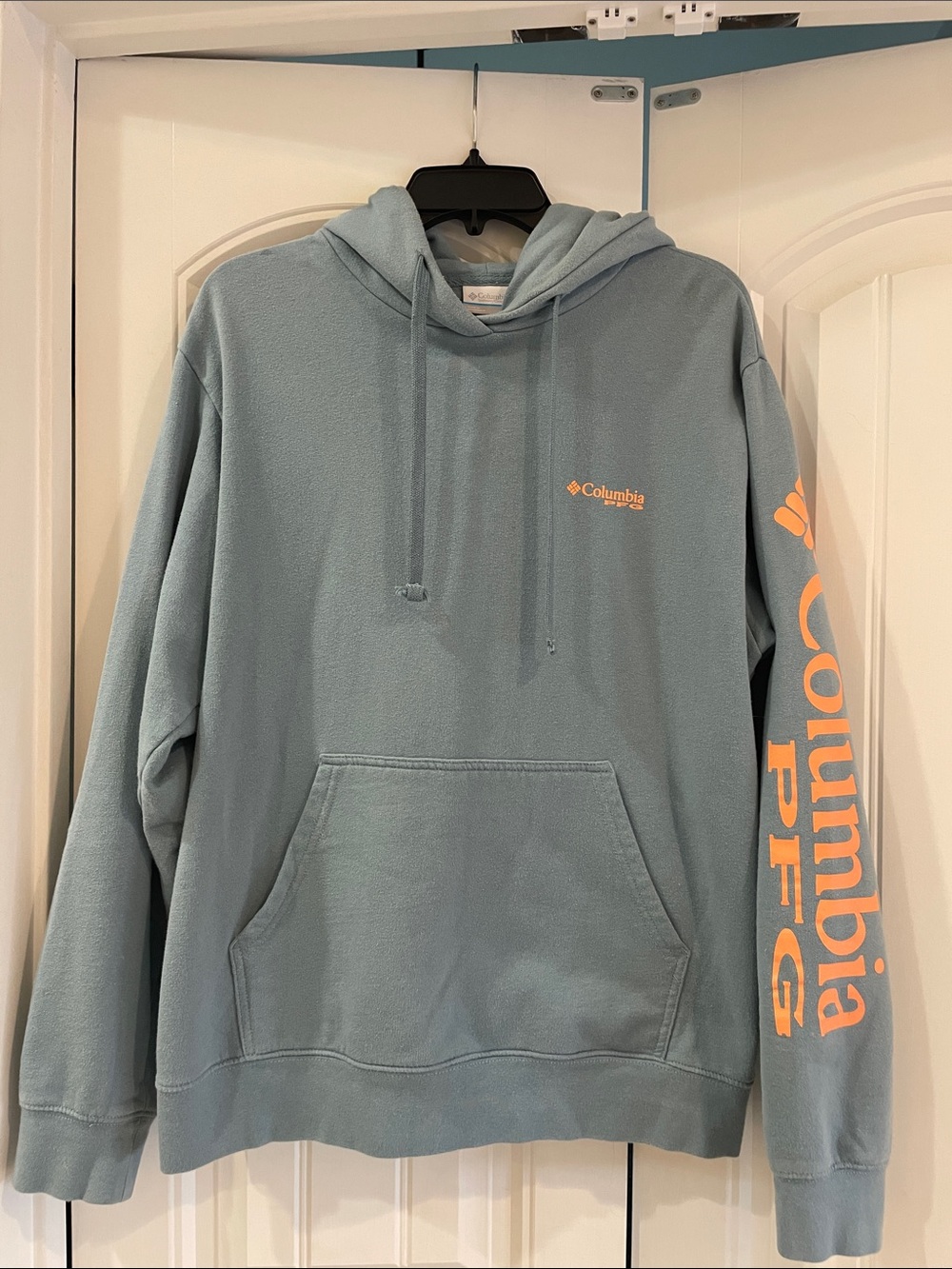 Columbia Slate Blue Hoodie with Orange Sleeve Logo